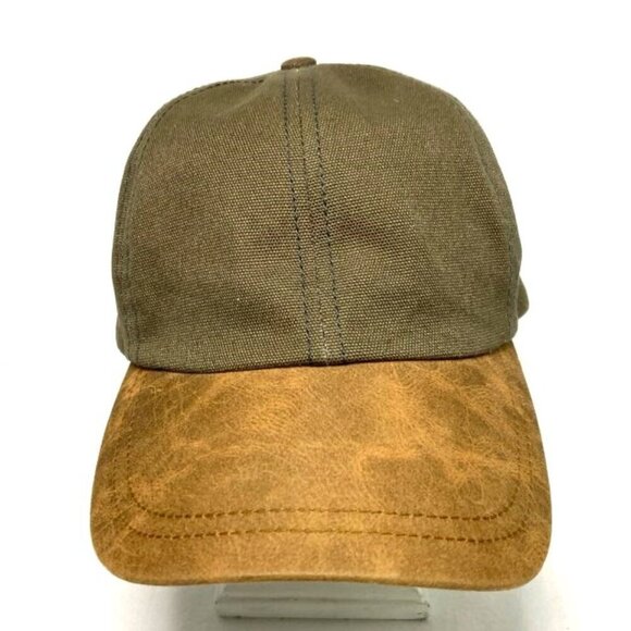 Army Green & Tan Faux Leather Baseball Hat Heavy Canvas Neutral Minimalist - Picture 1 of 6